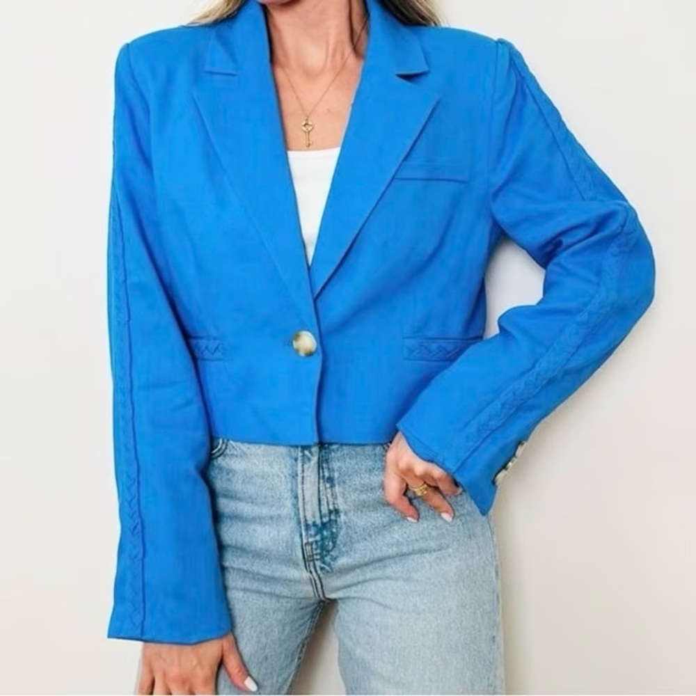 Jason Wu Blue Linen Cropped Blazer Jacket Size M Designer